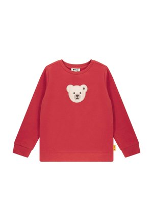 Roter Pullover aus weichem Material, mit einer Bärenkopf-Stickerei auf der Brust, langen Ärmeln und gerippten Bündchen.