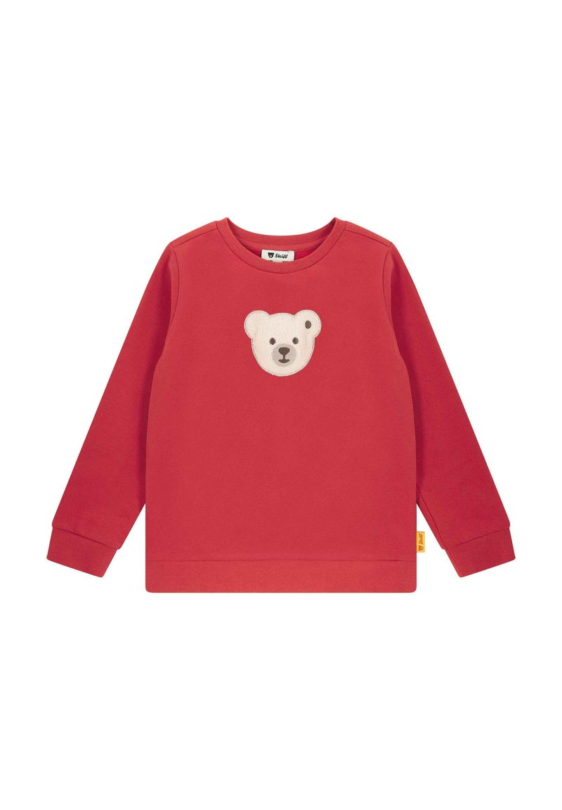 Sudadera roja hecha de una tela suave, con un bordado de cara de oso en el pecho, manga larga y puños de canalé.