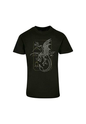 Czarny bawełniany t-shirt z białym i złotym graficznym motywem smoka na tle prostokątnej formy, z górami i chmurami w stylu konturowym.