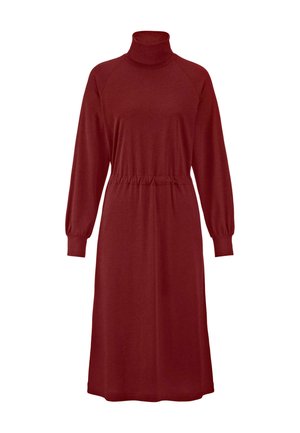 Bordeauxrotes Kleid mit Stehkragen, langen Raglanärmeln, tailliertem Schnitt und glatter Textur, das bis zur Mitte der Wade reicht.