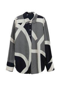 Long-sleeved shirt in navy and white, featuring geometric patterns and stripes. Button-up front, classic collar, relaxed fit. Smooth fabric.