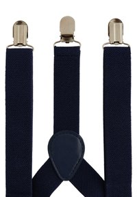 Marinblå elastiska hängslen har metallklipp och en läderanslutning. Tyget har en texturerad yta med diagonala ribbor.