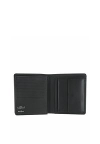 Portefeuille bifold en cuir noir ouvert montrant plusieurs emplacements pour cartes à gauche et une poche à monnaie avec rabat à droite, étiquette de sécurité RFID visible.