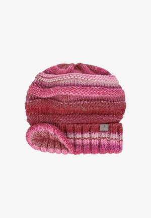 Knit hat in various shades of pink with a ribbed edge. The hat features a textured design with horizontal stripes and a small logo tag.