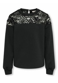 Sudadera negra con parte superior de encaje y mangas largas. Presenta un cuello redondo y un pequeño cierre de botón en la parte posterior. Textura de tela suave.