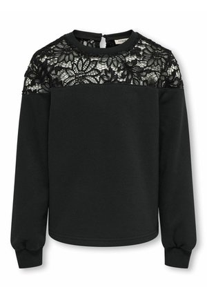 Sort sweatshirt med spidse detaljer i blonder øverst og lange ærmer. Har rund hals og en lille knaplukning bagpå. Blødt stof med behagelig tekstur.