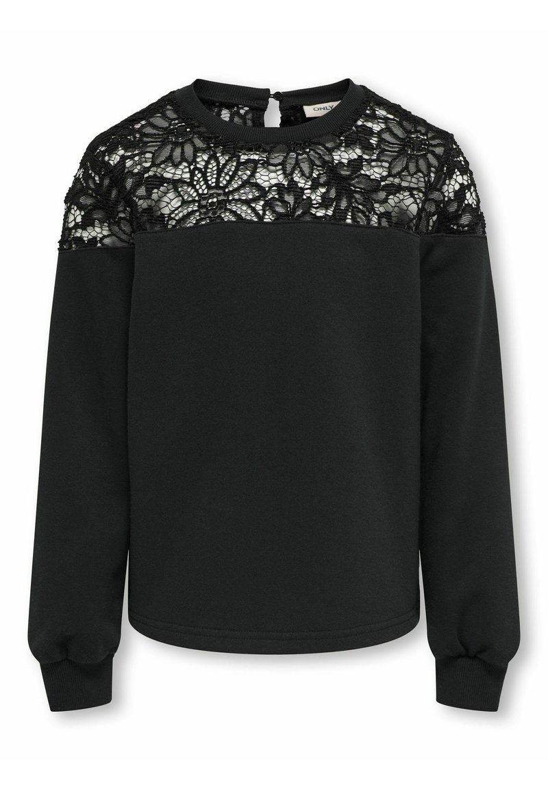 Sudadera negra con parte superior de encaje y mangas largas. Presenta un cuello redondo y un pequeño cierre de botón en la parte posterior. Textura de tela suave.
