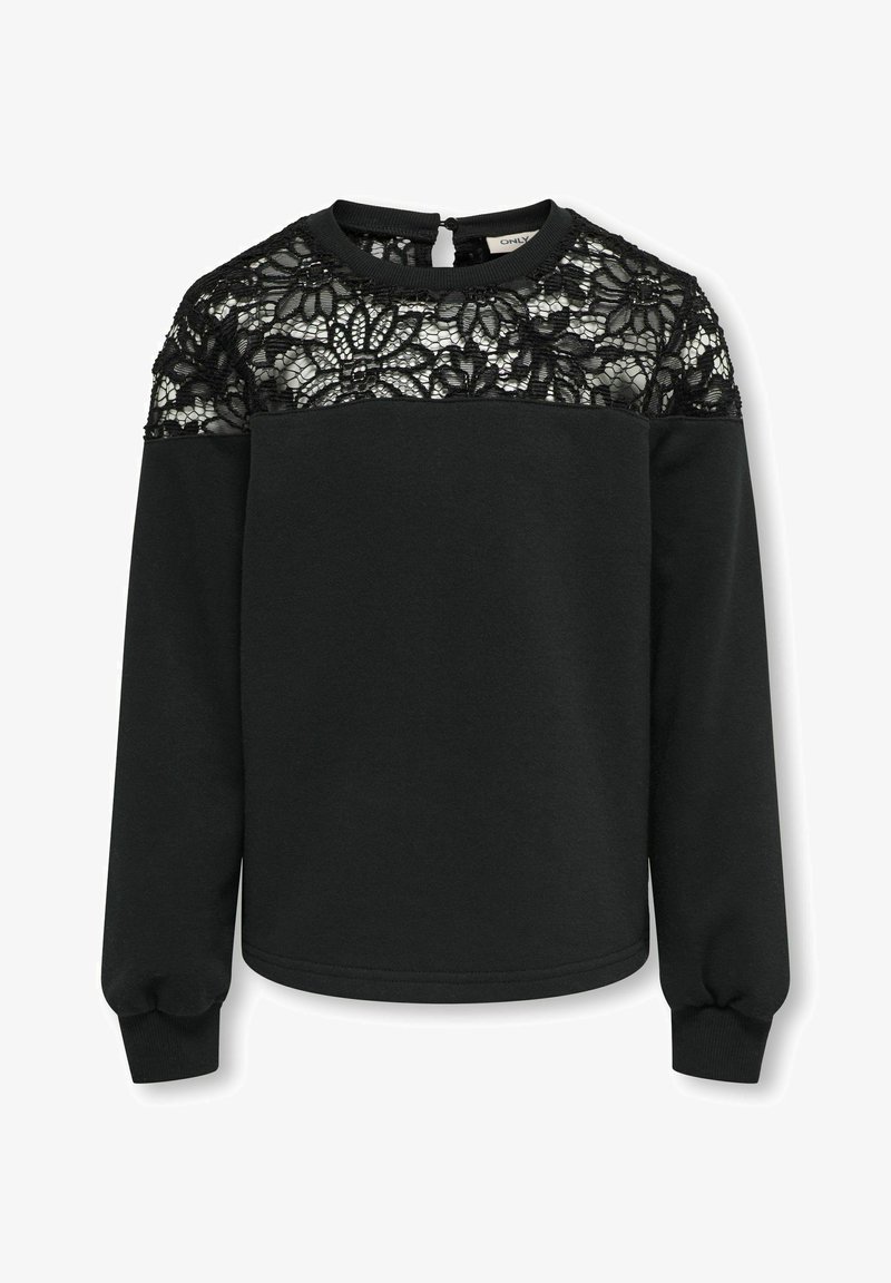 Sudadera negra con parte superior de encaje y mangas largas. Presenta un cuello redondo y un pequeño cierre de botón en la parte posterior. Textura de tela suave.