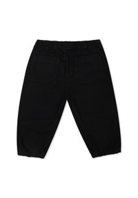 Pantaloni cargo neri con una vita elasticizzata, due tasche posteriori, gambe affusolate e polsini arricciati. Realizzati in un tessuto morbido e resistente.