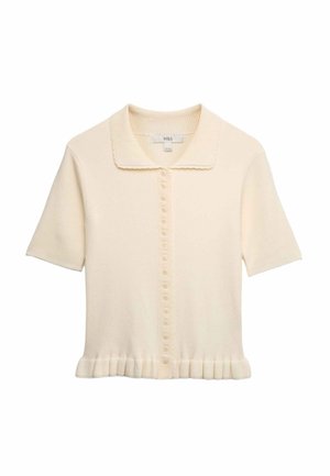 Cardigan lavorato a maglia color crema a maniche corte con collo smerlato, chiusura con bottoni sul davanti, tessuto a coste e dettaglio orlo plissettato.