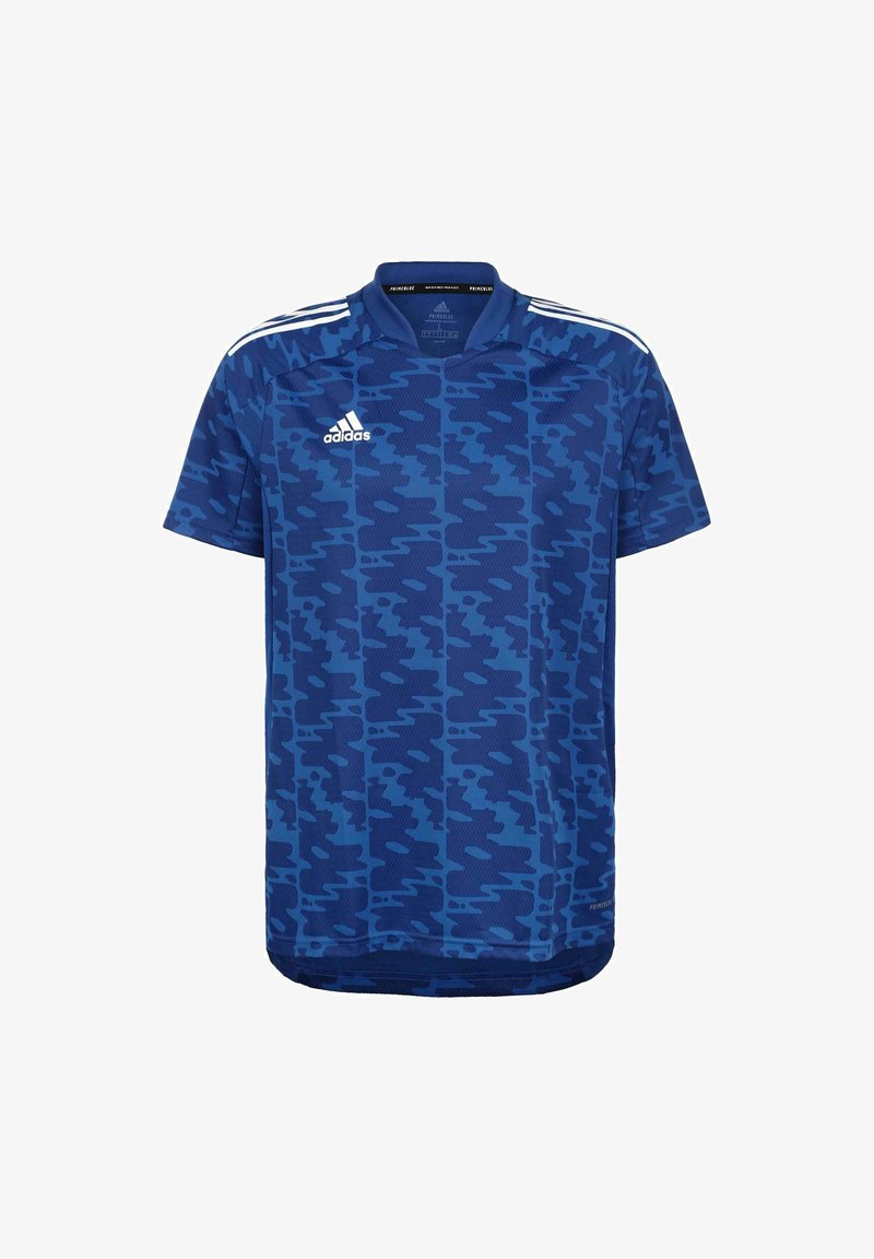 Adidas-Trikot im blauen Camouflage-Muster mit kurzen Ärmeln, Rundhalsausschnitt und weißen Akzentstreifen auf den Schultern. Aus atmungsaktivem Material gefertigt.