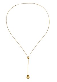 Goldene Halskette mit einer dünnen Kette, die eine zentrale Perle und einen Tropfenanhänger aufweist. Glatte Textur, minimalistisches Design und glänzende Oberfläche.