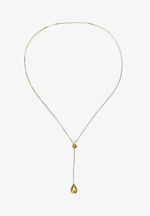 Gouden ketting met een dunne schakel, voorzien van een centrale kraal en een druppelvormige hanger. Gladde textuur, minimalistisch ontwerp en een glanzende afwerking.