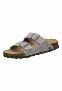 Grau gefärbte Slide-Sandale mit zwei verstellbaren Riemen, Korkfußbett und Gummisohle mit einem strukturierten Muster für besseren Halt.