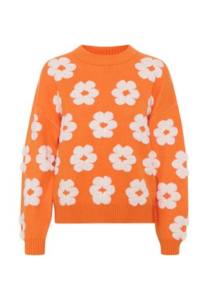 Oranges Sweatshirt mit strukturierten weißen Blumenmustern, Rundhalsausschnitt und gerippten Bündchen und Saum. Weiches Strickmaterial, lockere Passform.