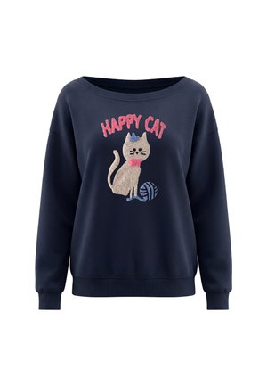 Navyblå sweatshirt med en kat iført en blå hat og lyserød butterfly, en blå garnnøgle og teksten "HAPPY CAT" i lyserødt over katten.