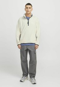 Fleece-Pullover in Creme mit schwarzen Akzenten, Halb-Reißverschluss-Front, über einem blauen Hemd getragen. Graue Cargo-Hosen und graue Sneakers vervollständigen den Look.