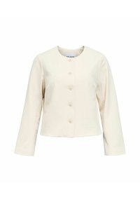 Veste courte à manches longues couleur crème avec col rond et cinq boutons sur le devant.