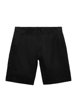 Black shorts made of lightweight fabric, featuring a button closure, side pockets, and a straight cut. Simple, unembellished design.