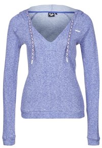 Lila huvtröja med v-ringning, långa ärmar och kontrasterande flerställiga dragsnören. Mjuk textur och avslappnad design.