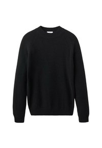 Maglione nero a maglia con scollo rotondo, maniche raglan e polsini e orlo a costine. Tessuto morbido, design classico e senza loghi o motivi visibili.