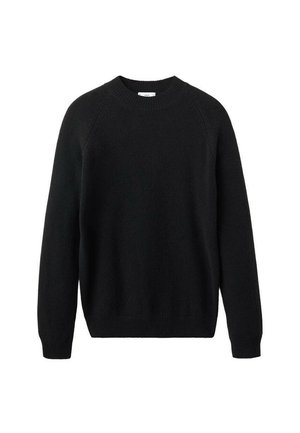 Jersey negro de punto con un cuello redondo, mangas raglán y puños y dobladillo acanalados. Textura suave, diseño clásico y sin logotipos ni patrones visibles.