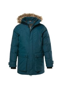 Parka isolante turchese con cappuccio foderato in pelliccia sintetica, chiusura frontale con zip, tasche con chiusura a bottoni automatici e polsini a costine per maggiore calore e comfort.