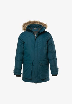 Teal isoleret parka med en faux fur-fôret hætte, lynlås foran, snapped-lommer og ribbede manchetter for ekstra varme og komfort.