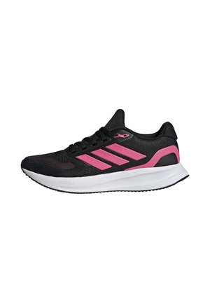 Black athletic shoes featuring pink accents, mesh upper, lace closure, and a white Cloudfoam sole for cushioning and support.