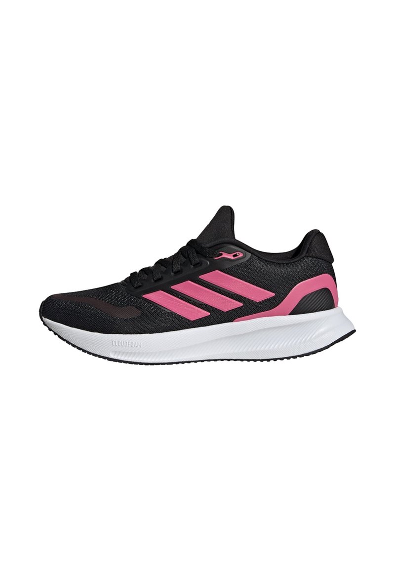 Black athletic shoes featuring pink accents, mesh upper, lace closure, and a white Cloudfoam sole for cushioning and support.