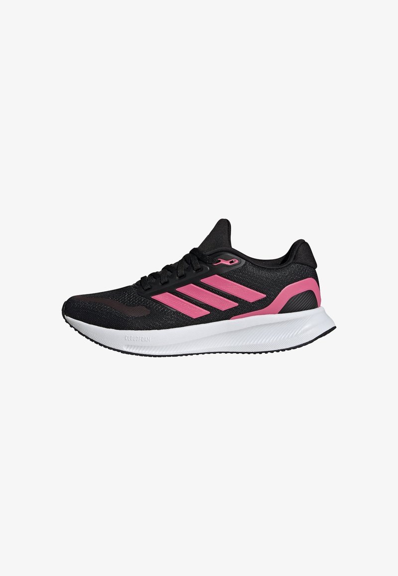 Black athletic shoes featuring pink accents, mesh upper, lace closure, and a white Cloudfoam sole for cushioning and support.