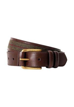 Brown leather belt with brass buckle and fabric strip featuring green and red plaid pattern, rolled up on white background.