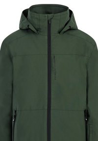 Grüne Outdoor-Jacke mit Kapuze, ausgestattet mit einem durchgehenden Reißverschluss, Reißverschlusstaschen an den Seiten und einem dezenten Logo auf der Brust.