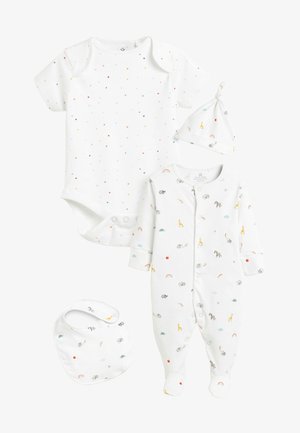 SLEEPSUIT, SHORT SLEEVE BODYSUIT, BIB AND HAT SET - Baby gifts - white