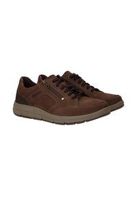 Brown leather sneakers with lace-up closure and side zipper, featuring a textured design, contrasting accents, and a flexible rubber sole.