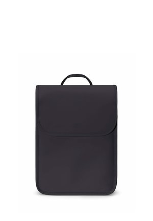 Black rectangular backpack with flap closure and top carry handle, minimalist design on white background.