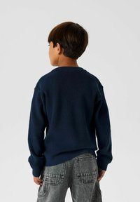 Pull en tricot bleu marine avec un col rond, des poignets côtelés et des épaules tombantes, associé à un pantalon cargo gris texturé. Vue de dos.