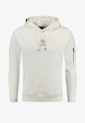Felpa bianca con cappuccio, tasca frontale a kangaroo, cordini regolabili, tasca con zip sulla manica sinistra e logo stampato sul petto.
