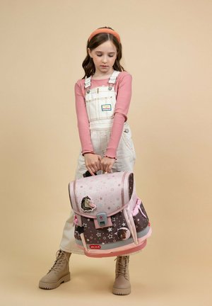 Zaino per bambini rosa e marrone con design di unicorno, motivi a stelle e dettagli rosa. Il bag presenta un cappuccio superiore e spallacci regolabili.