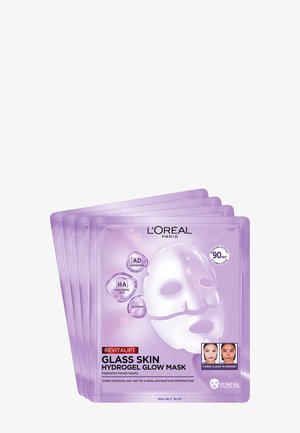 Maski L'Oréal Revitalift Glass Skin Hydrogel Glow w fioletowym opakowaniu z kluczowymi składnikami oraz zdjęciami twarzy przed i po.