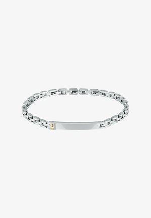 Silberne Gliederarmband mit einer flachen Mittelplatte und einem goldenen Akzent. Die Glieder haben eine ovale Form mit polierter Oberfläche, was ein elegantes Erscheinungsbild erzeugt.