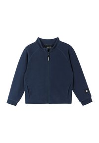 Giacca in pile blu navy con colletto alto, zip frontale e tasche laterali. Presenta maniche raglan e un piccolo logo ricamato sul polsino.