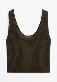 Hnědý pletený crop top s širokým kulatým výstřihem a texturovaným vzorem, umístěný na jednoduchém bílém pozadí.