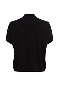 Black short-sleeve top with a relaxed fit. Smooth fabric, high neckline, and subtle stitching detail at the shoulders. No visible fastenings.