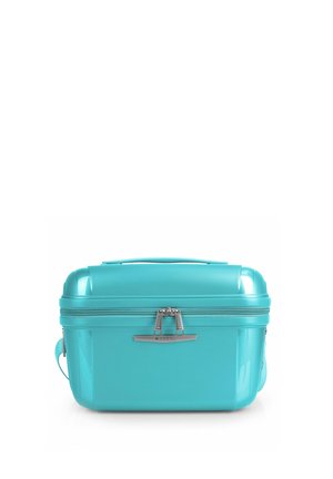 Turquoise hard-shell cosmetic case with a zip closure, silver hardware accents, sturdy handle, and streamlined rectangular design.