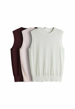 Drei ärmellose Strickpullover in Weiß, Hellrosa und Dunkelbraun, gestapelt und nebeneinander ausgerichtet.