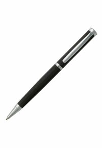 Black metal pen with a knurled grip, chrome accents, and a sleek design. Features a retractable tip and a shiny clip for attachment.