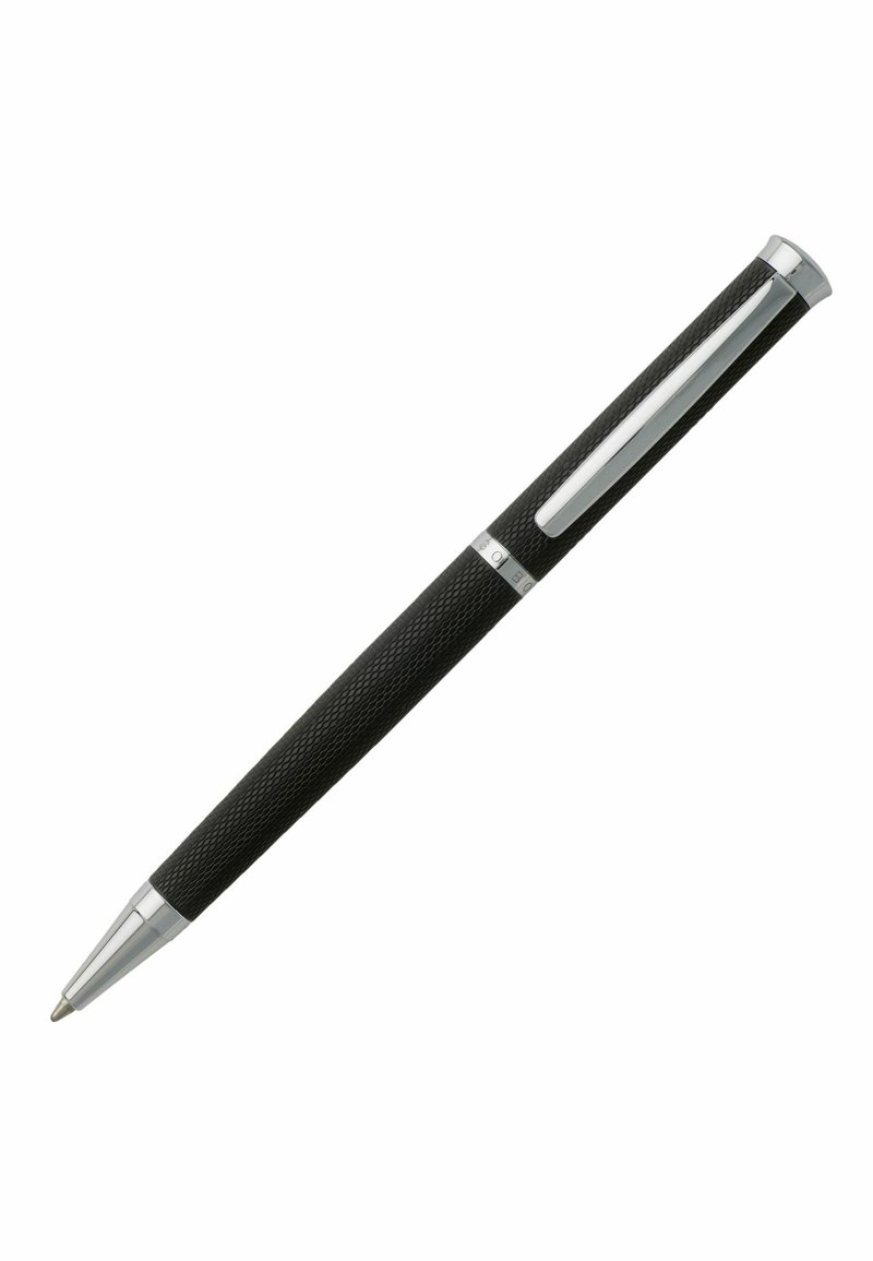 Black metal pen with a knurled grip, chrome accents, and a sleek design. Features a retractable tip and a shiny clip for attachment.