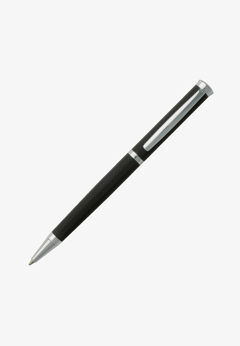 Black metal pen with a knurled grip, chrome accents, and a sleek design. Features a retractable tip and a shiny clip for attachment.