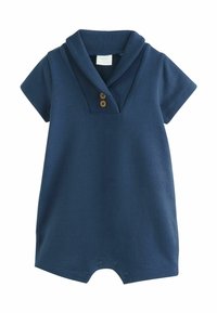 Temno modra obleka z kratkimi rokavi, rebrastim ovratnikom, tremi lesenimi gumbi na izrezu in s pritiskači na spodnjem delu. Gladek material.